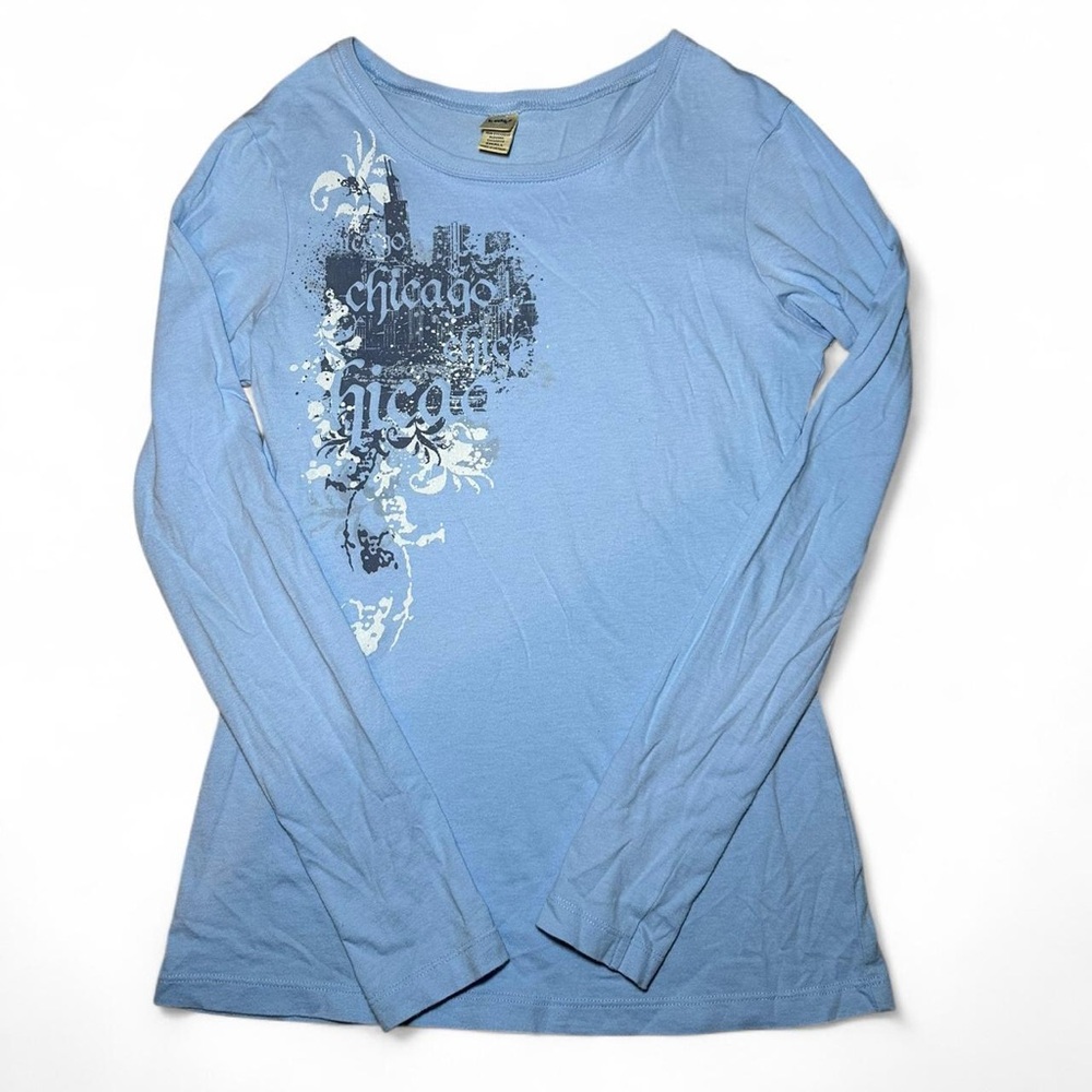 Y2K Grunge Light Blue Chicago Graphic Long Sleeve Tee - Picture 4 of 6